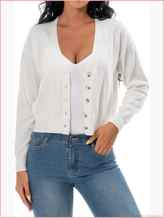 Sweaters - V Neck Long Sleeve Cropped Cardigan Sweater Button Down Knit Bolero Shrug